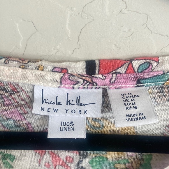 Nicole Miller Linen Short Sleeve Top Vacation Beach Print - Picture 2 of 5